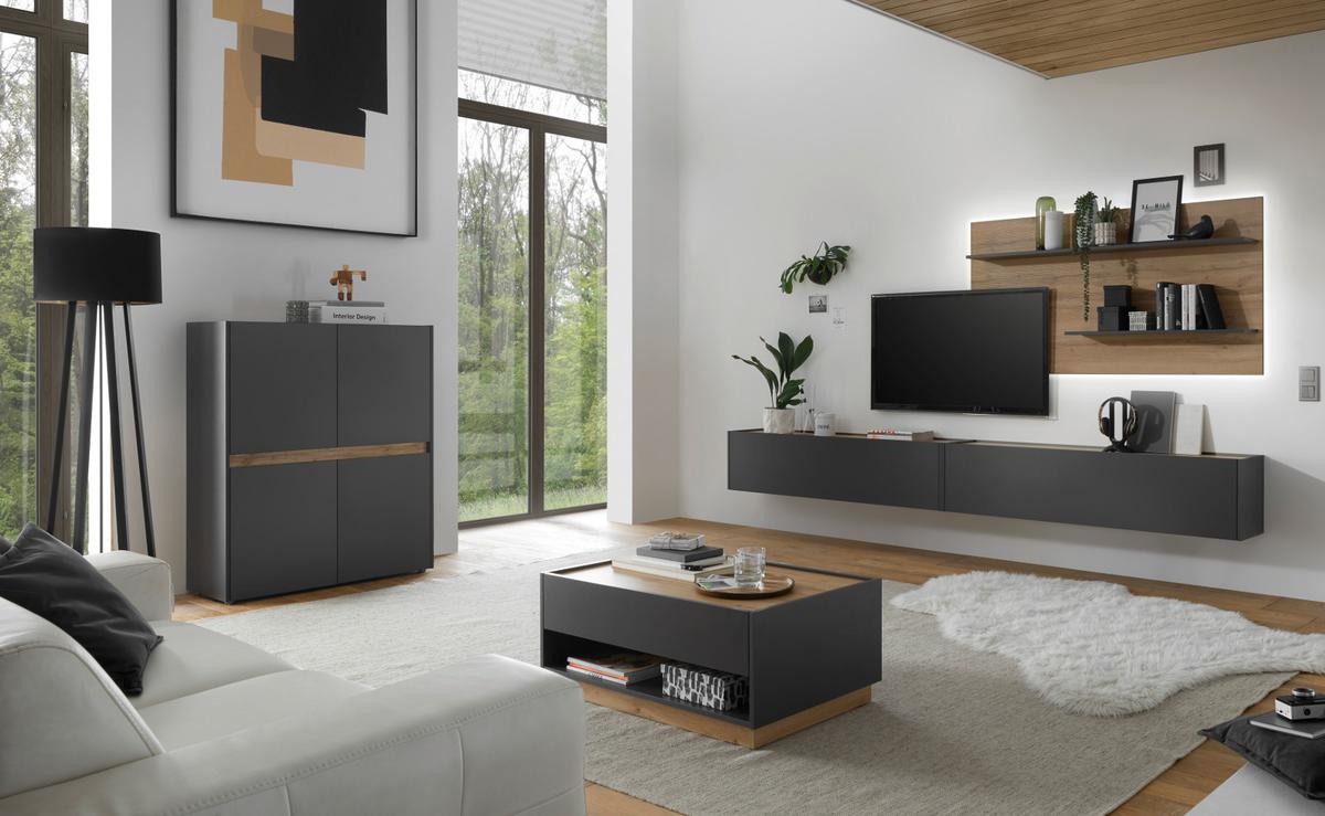 HIGHBOARD grau matt, Eiche Wotan 100 x 120 cm, Kommode 4-türig, 8 Fächer - Eiche Wotan/Grau, Holzwerkstoff/Kunststoff (100/120/40cm) - Furn.Design