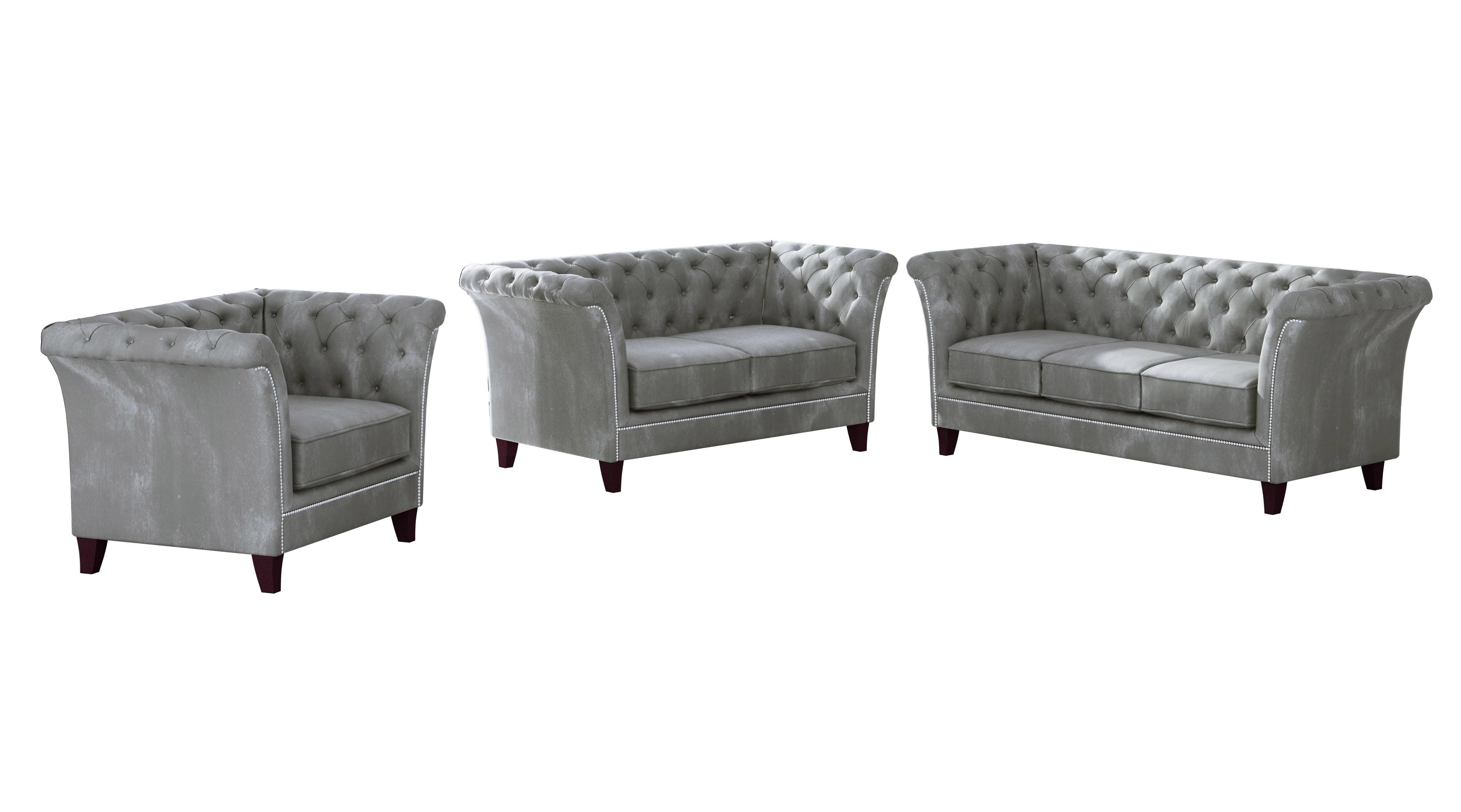 SITZGARNITUR 3+2+1 Chesterfield Fusion Grau Samt - Braun/Grau, Holz/Textil (237/75/82cm) - S-Style Möbel