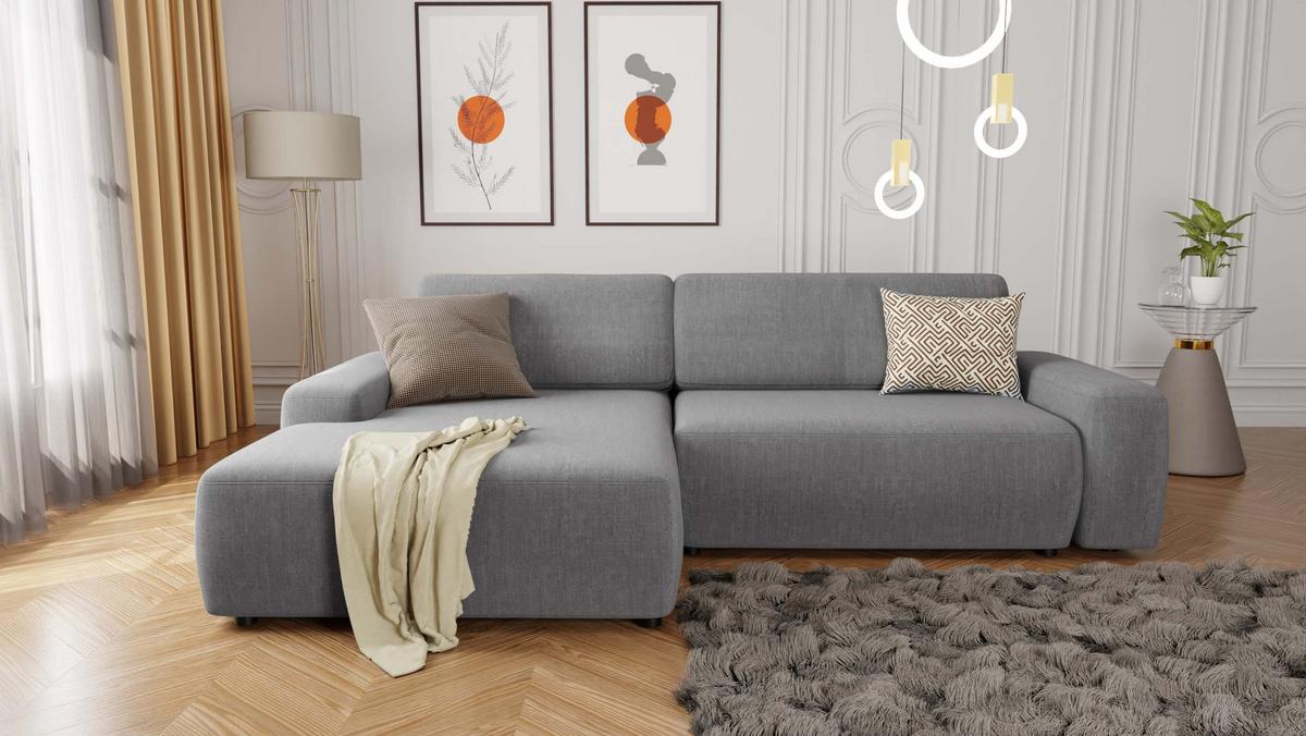 ECKSOFA Lopez Hellgrau Samt-Stoff - Hellgrau/Schwarz, Holz/Kunststoff (264/162cm) - S-Style