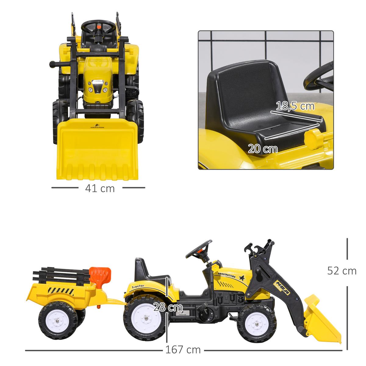 TRETTRAKTOR mit Anhänger Tretauto und Anhänger Traktor ab 3 Jahre Kinder - Gelb, Metall (167/41/52cm) - HOMCOM