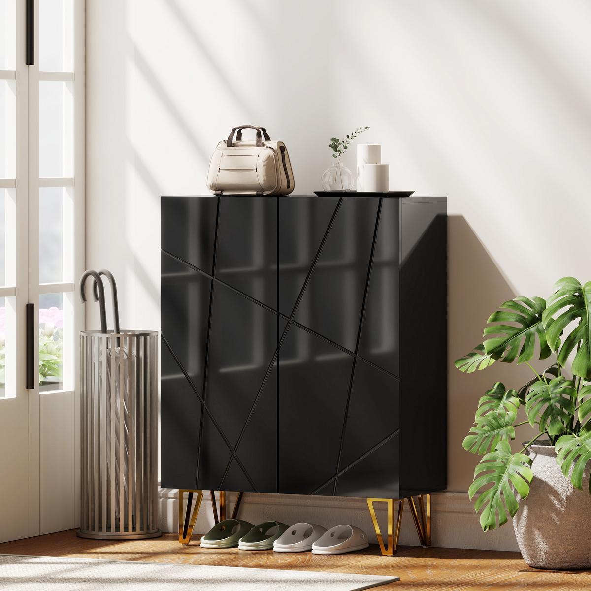SCHUHSCHRANK mit 2 Türen, Schuhregal, Schuhaufbewahrung mit 3 Ablagen Schwarz - Schwarz Hochglanz/Goldfarben, Holzwerkstoff/Metall (31.5/95/72cm) - HOMCOM