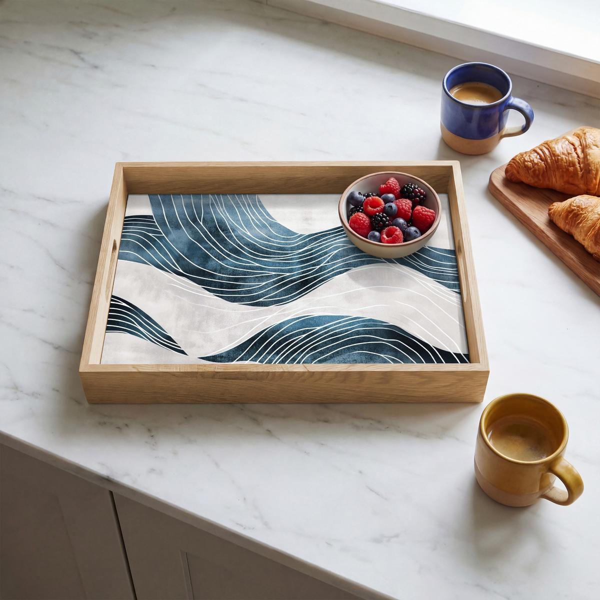TABLETT Linien - Wellen - Abstrakt - Grau 40x30 cm - Blau, Holz (40/5/5cm) - OnlyWow