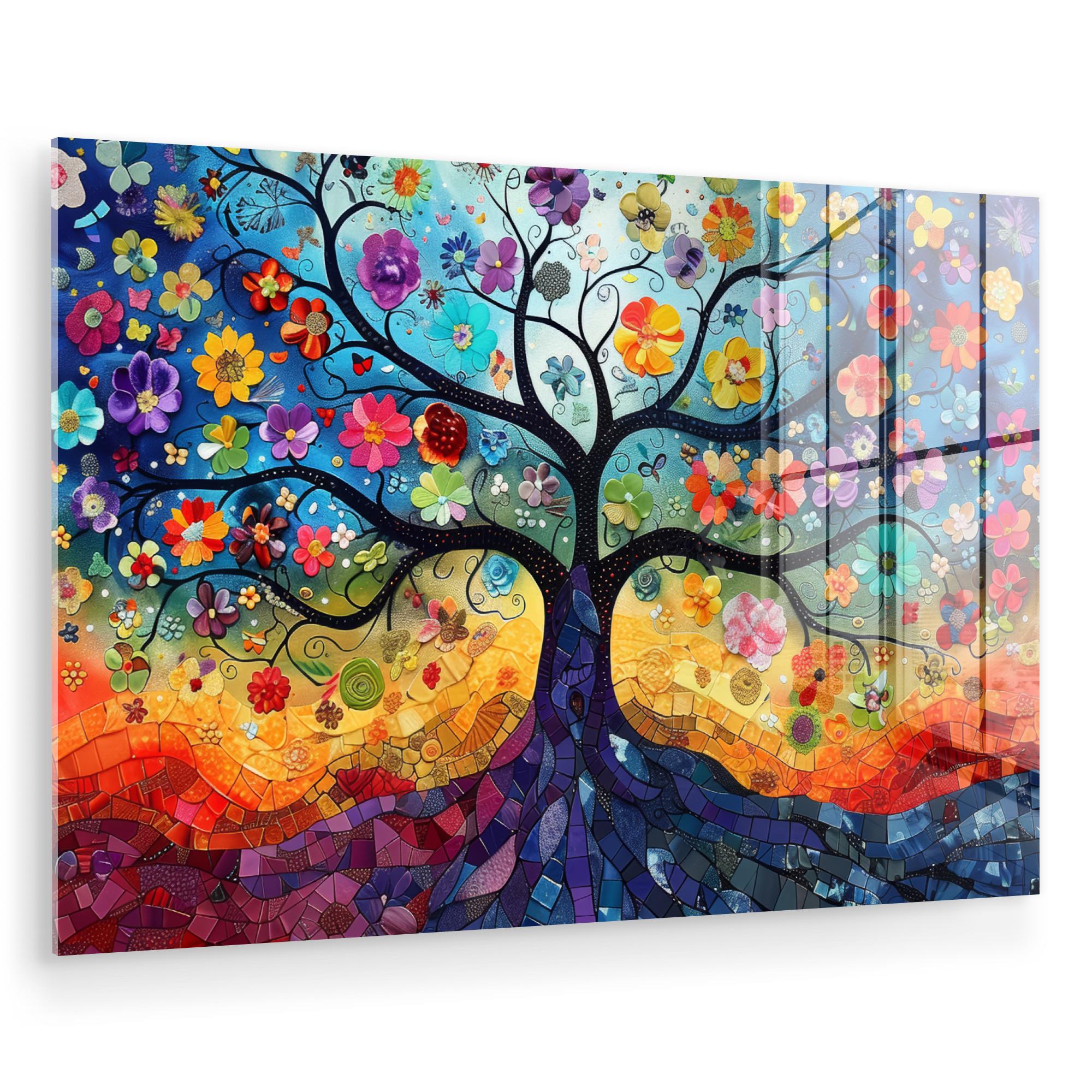 ACRYLGLASBILD Kunst - Baum des Lebens - Blumen - Hippie Room Decor 90x60 cm - Dunkelblau, Glas (90/60cm) - MuchoWow