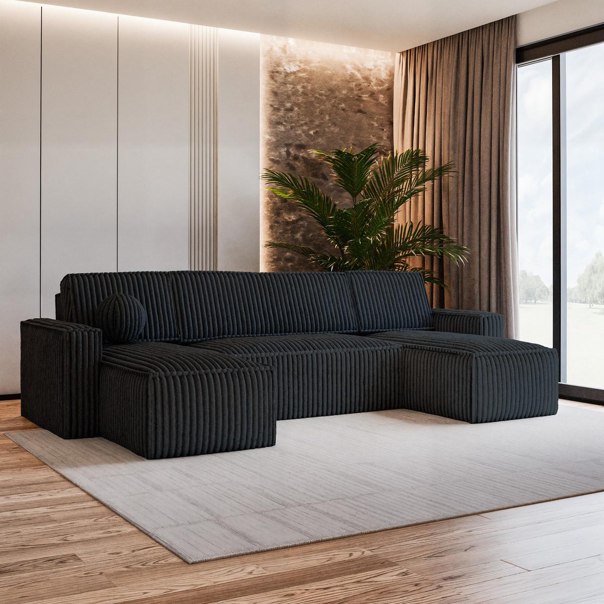 WOHNLANDSCHAFT PESANO T Schwarz Kordstoff mit Schlaffunktion - Schwarz/Grau, Holz/Kunststoff (306/85/140cm) - MASSENO