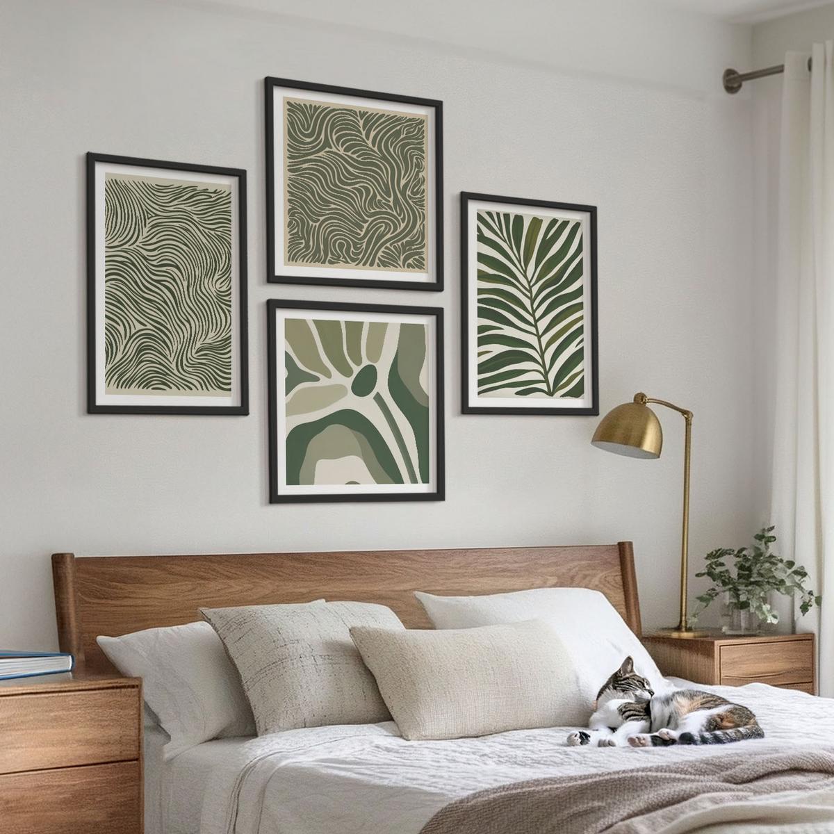 BILDER SET 4er Set - 50x50 cm & 40x60 cm Schwarzer Rahmen - Blattmuster und wellenförmige Formen - Schwarz, Kunststoff (50/50cm) - TULUP