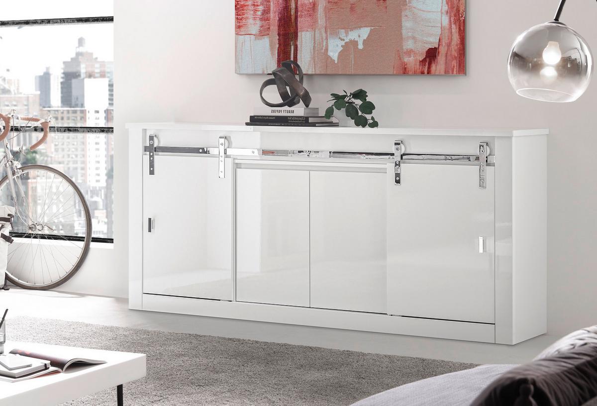 SIDEBOARD weiß Hochglanz 201 x 92 cm, Kommode mit Soft-Close - Chromfarben/Weiß Hochglanz, Holzwerkstoff/Kunststoff (201/92/43cm) - Furn.Design