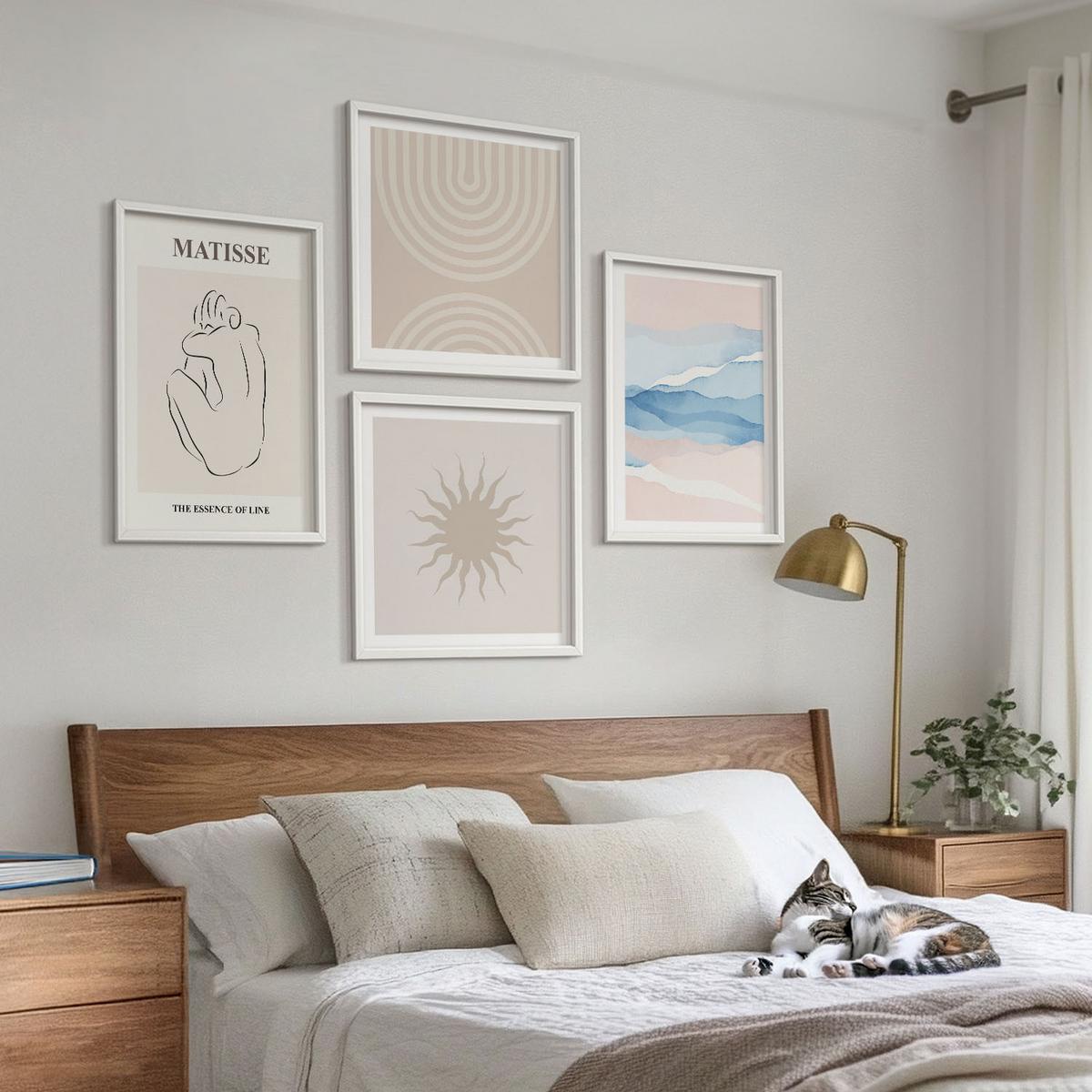 BILDER SET 4er Set - 50x50 cm & 40x60 cm Weißer Rahmen - Linien, Wellen, Pastellfarben, minimalistisch - Weiß, Kunststoff (50/50cm) - TULUP