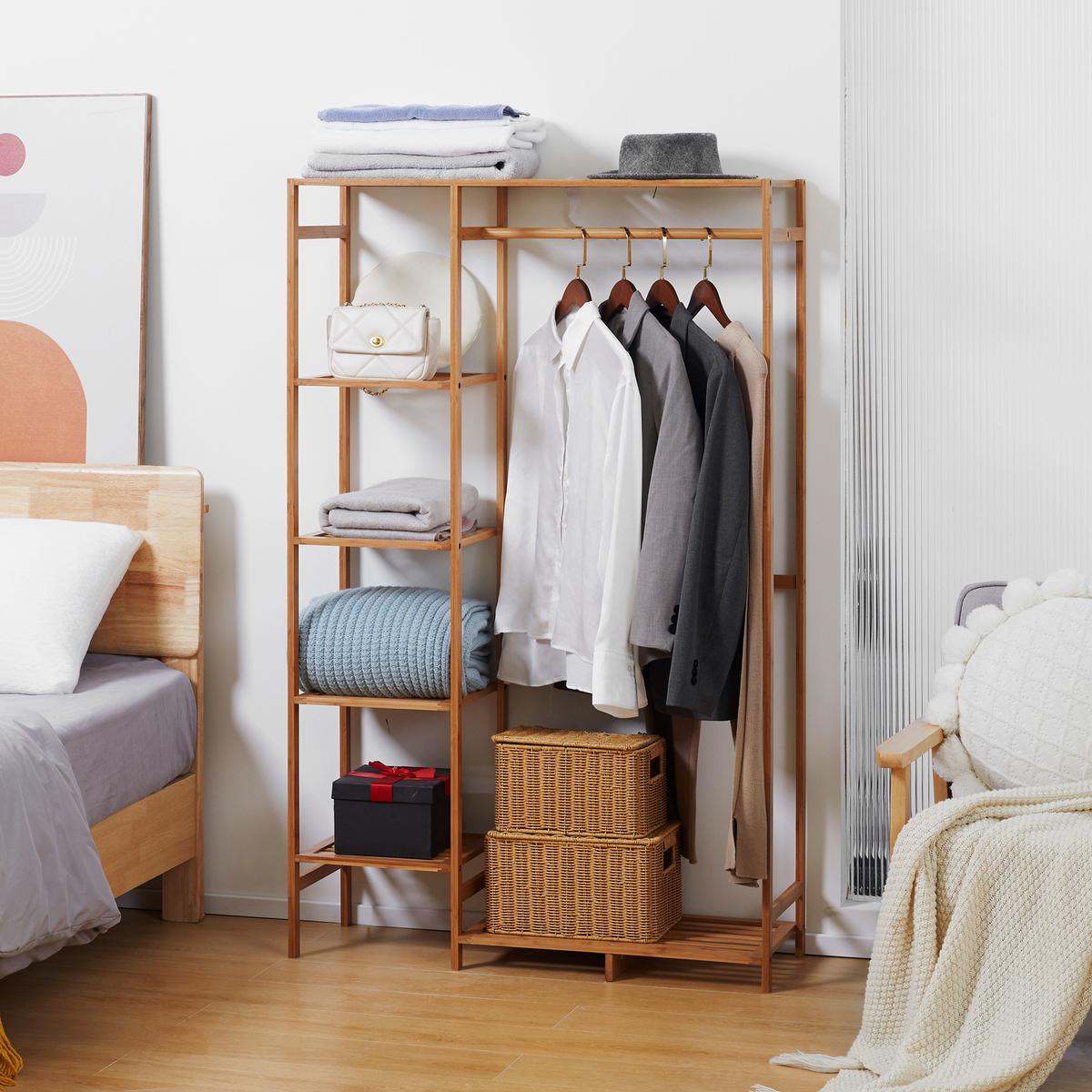 KLEIDERSTÄNDER Garderobenständer mit Kleiderstange, Schuhablag, Regal, Garderobe - Naturfarben, Holzwerkstoff (30/145/90cm) - HOMCOM