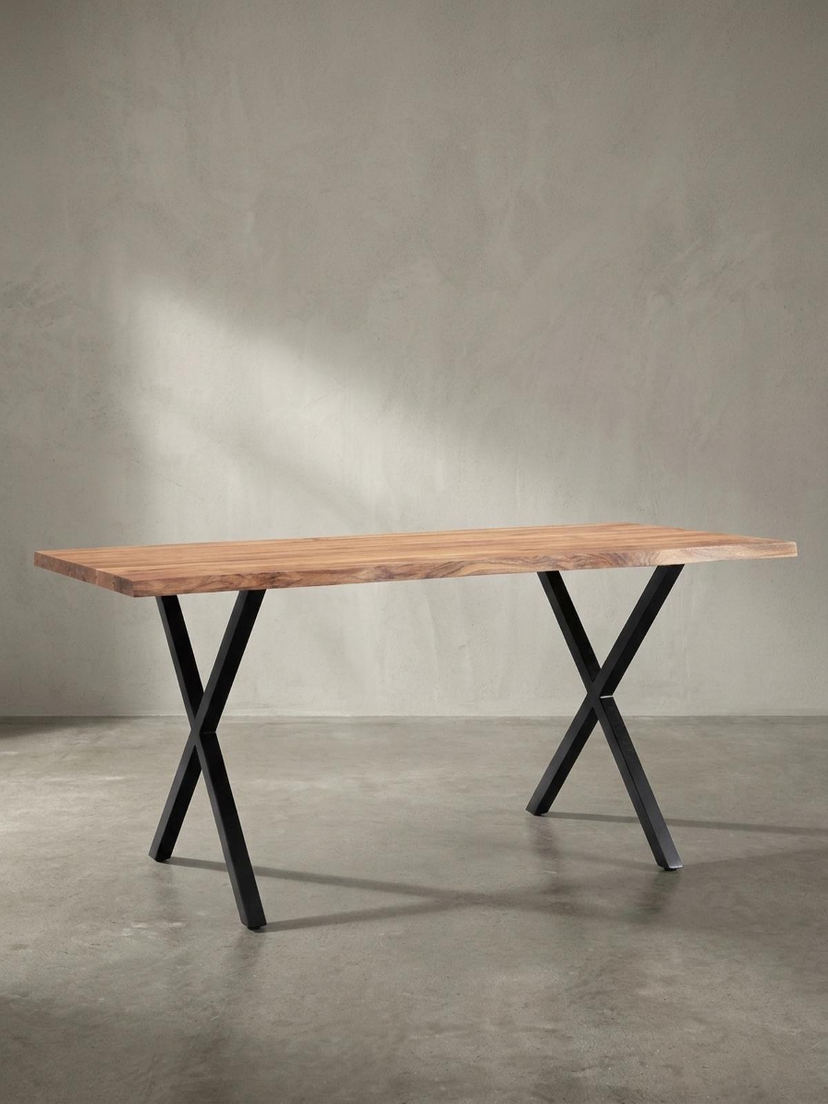 ESSTISCH Massivholz Metall X-Gestell Baumkante Industrial KRETA, Goldbraun-Schwarz 140x80x76 cm - Schwarz/Braun, Holz/Metall (80/140/76cm) - KADIMA DESIGN