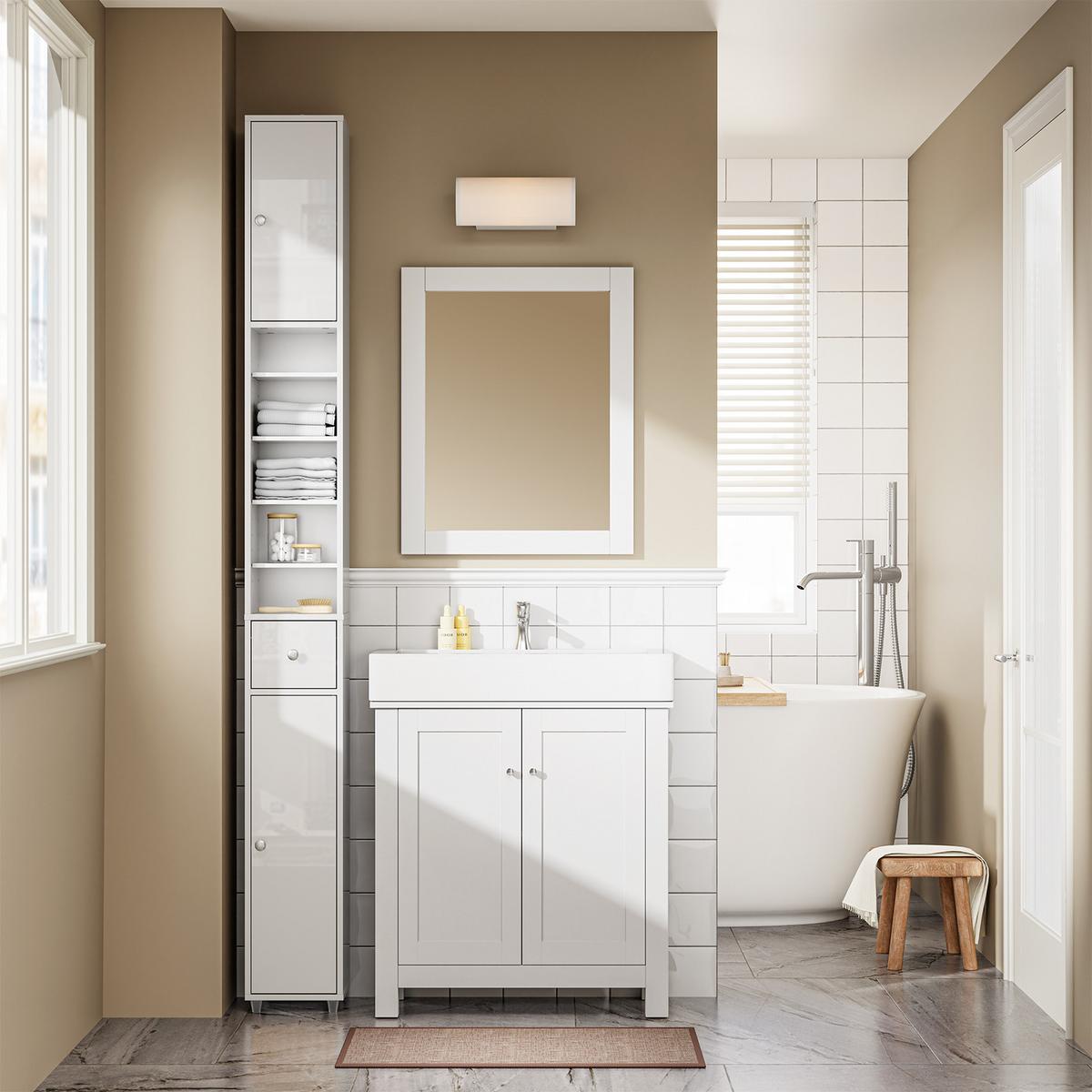 HOCHSCHRANK, Weiß, Badezimmerschrank schmal 20x20x180 cm, 6 Böden & Schublade, neben der Waschmaschine - Silberfarben/Weiß, Holzwerkstoff (20/180/20cm) - SoBuy