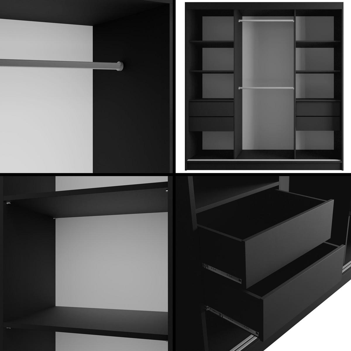 KLEIDERSCHRANK mit Spiegel V2-URBANO 215x200 cm Schwarz - Schwarz, Holzwerkstoff (200/215/61cm) - ALTDECOR