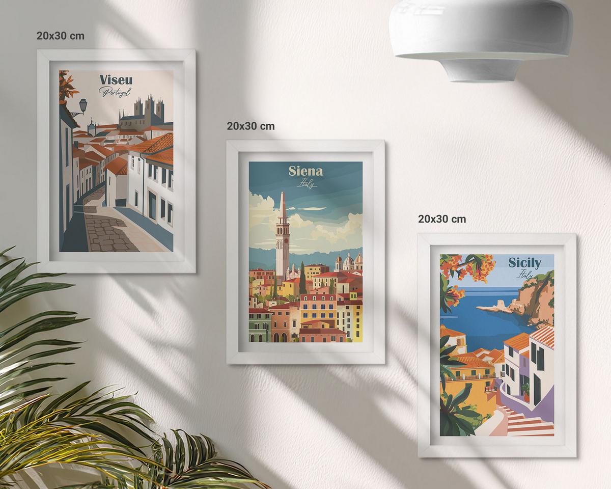 BILDER SET 3er Set - 20x30 cm Weißer Rahmen - Retro-Illustrationen von Weltstädten - Weiß, Kunststoff (20/30cm) - TULUP