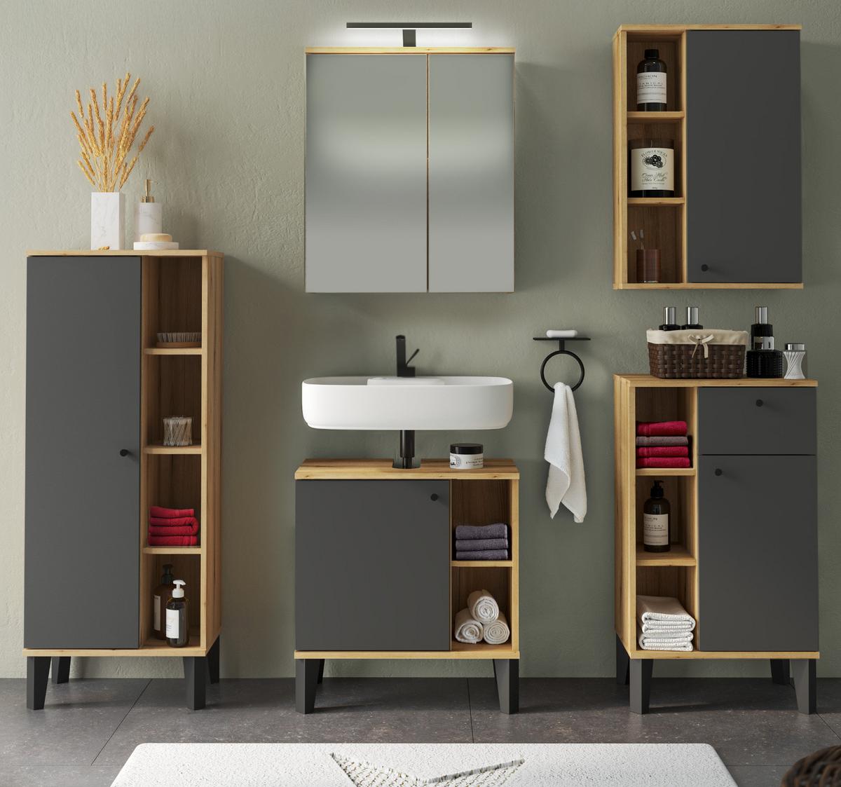BADMÖBEL-SET 5-teilig grau, Evoke Eiche, Badkombination, 182 x 190 cm - Eichefarben/Grau, Glas/Holzwerkstoff (182/190/33cm) - Furn.Design