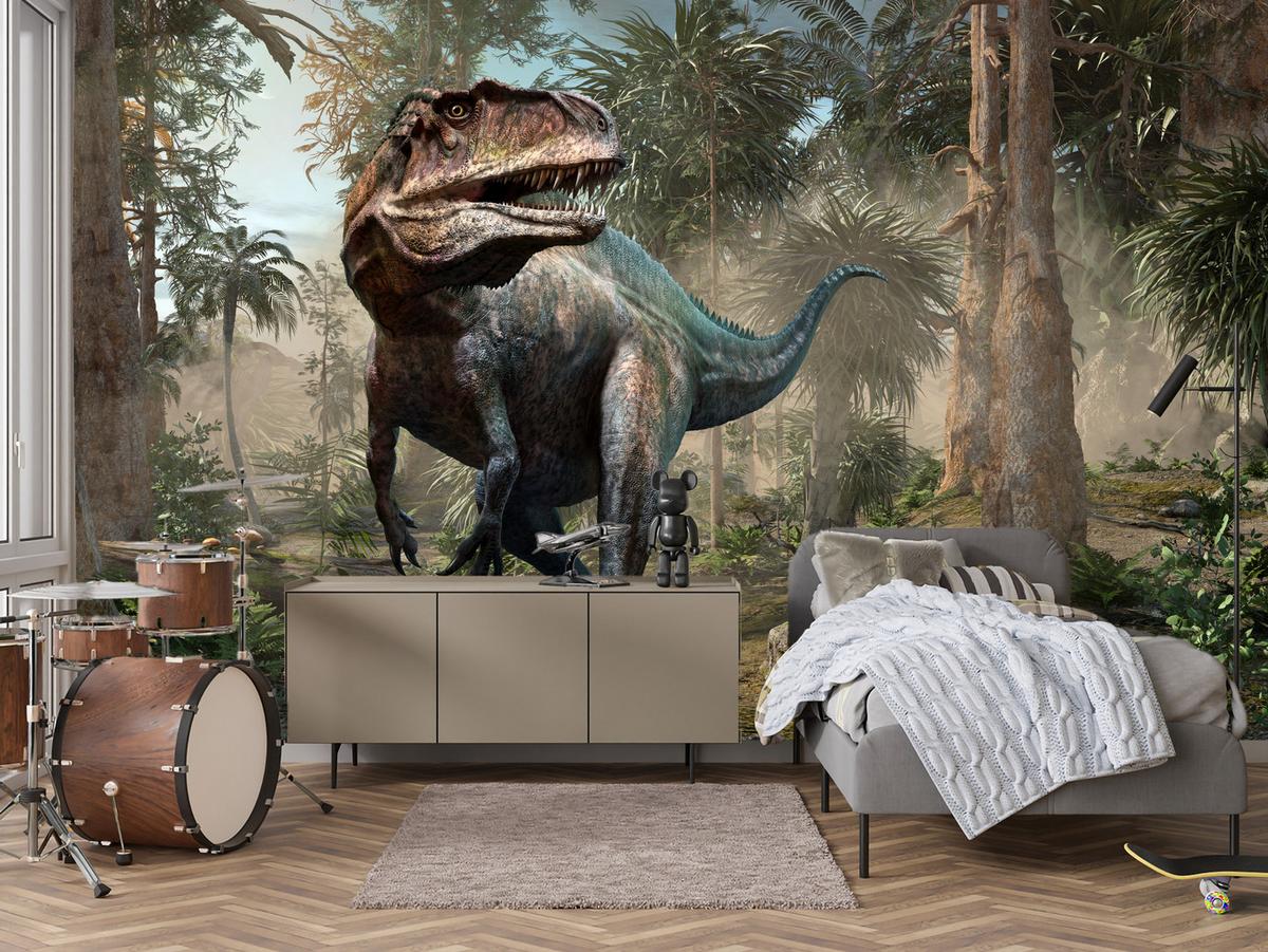 FOTOTAPETE für Jugendzimmer Realistischer Dinosaurier Dschungel Palmen 500x350 - Beige/Schwarz, Papier (500/350cm) - Muralo