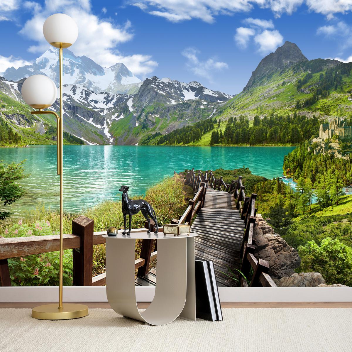 FOTOTAPETE für Wohnzimmer Holzsteg Bergsee Pflanzen Ruhe 200x140 - Türkis/Blau, Papier (200/140cm) - Muralo