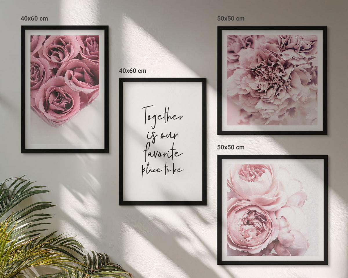 BILDER SET 4er Set - 50x50 cm & 40x60 cm Schwarzer Rahmen - Blumensträuße mit Rosen, Hausinschrift - Schwarz, Kunststoff (50/50cm) - TULUP