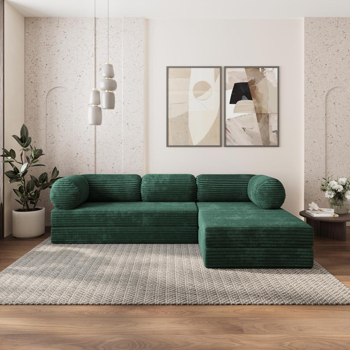 ECKSOFA ETERA modulares Boneless Sofa mit Schlaffunktion Grün Kordstoff - Grün, Textil (270/160cm) - MASSENO