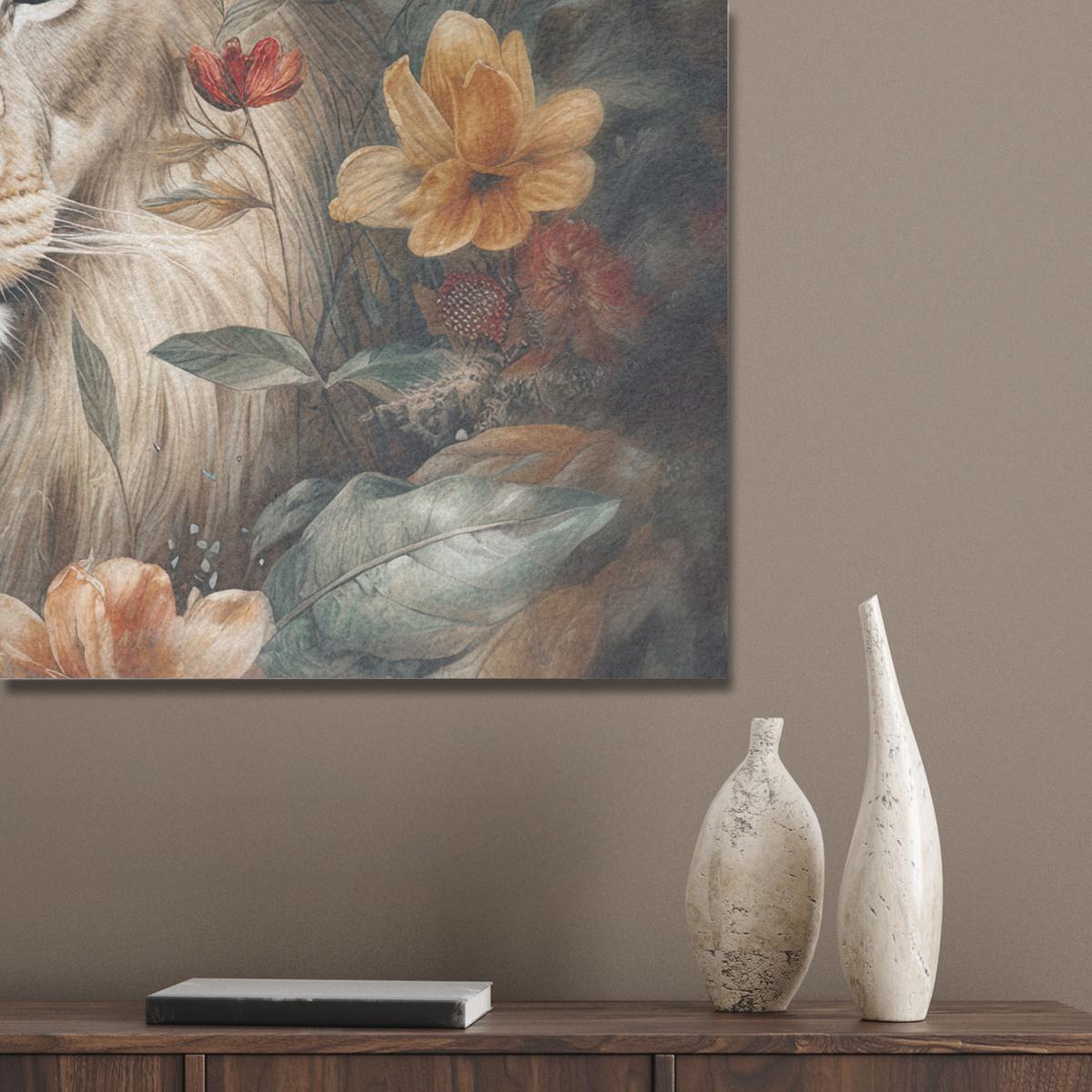 AKUSTIKBILD Löwe - Wildtiere - Pflanzen - Natur - Blumen Gemälde 80x60 cm - Beige, Kunststoff (80/60/0.9cm) - MuchoWow
