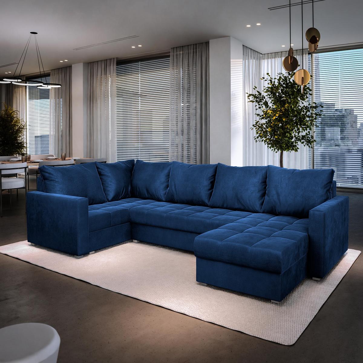 WOHNLANDSCHAFT LORIVO L-S Blau Plüsch-Stoff mit Schlaffunktion - Blau/Grau, Holz/Kunststoff (285/85/150cm) - MASSENO