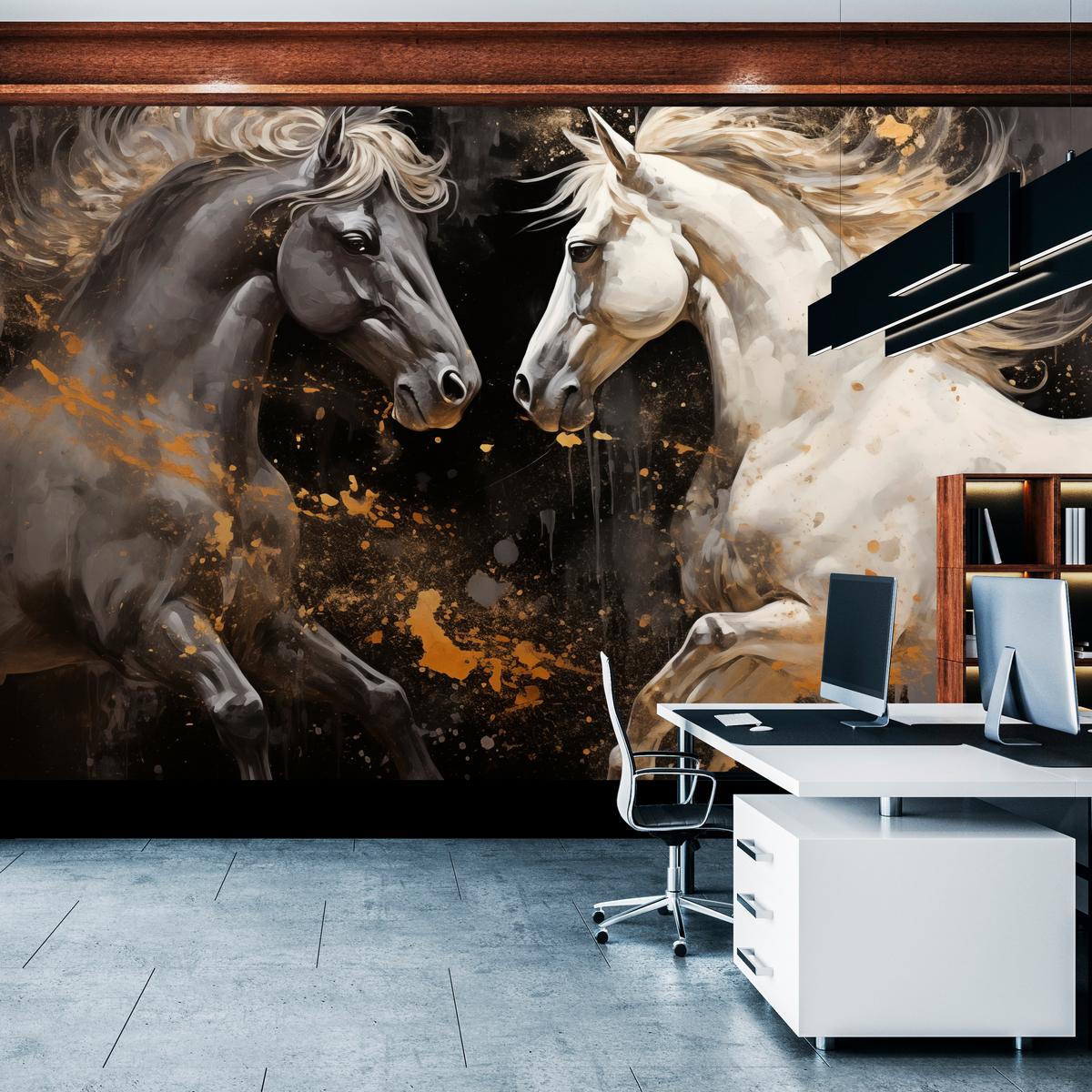FOTOTAPETE für Büro Schwarz-Weiß Pferd Aquarell Goldakzente Eleganz 350x256 - Beige/Schwarz, Papier (350/256cm) - Muralo