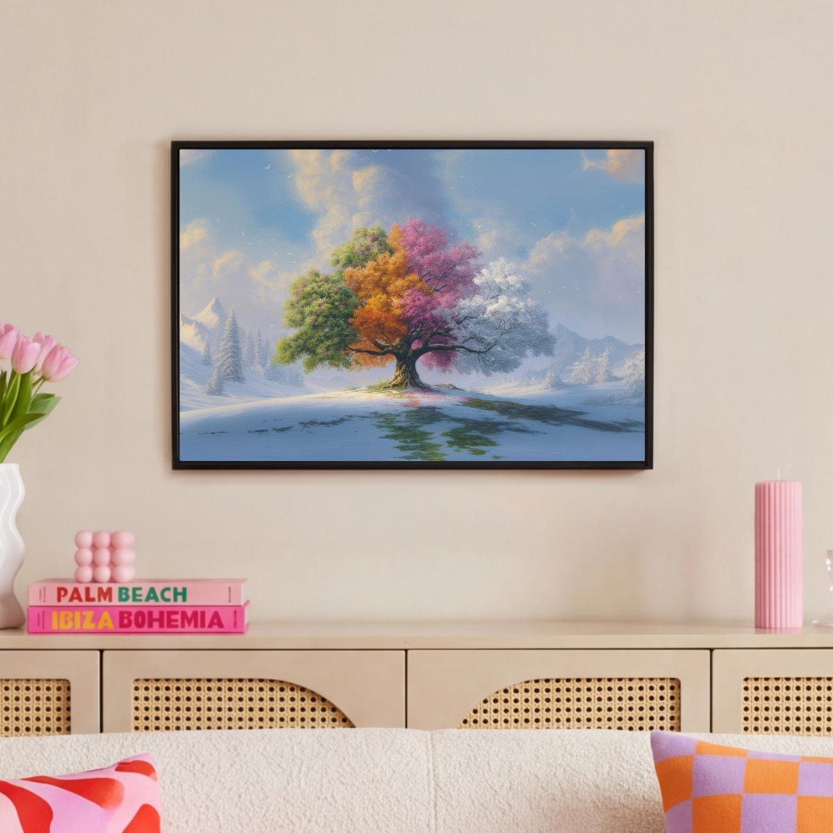 LEINWAND Bilder mit Rahmen - Baum - Jahreszeiten - Winter - Landschaft - 60x40 - Multicolor, Textil (60/40cm) - MuchoWow