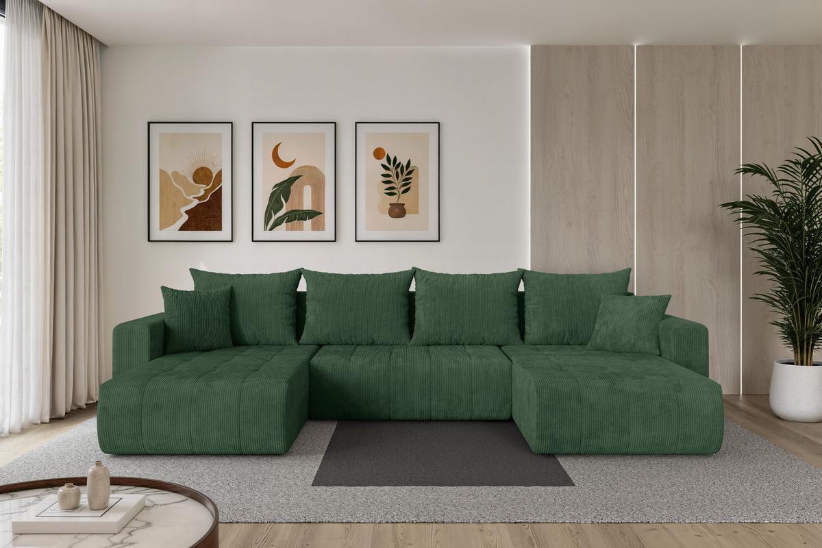 WOHNLANDSCHAFT mit Schlaffunktion und Bettkasten MILA-U 378x194x86 Grün Cord - Dunkelgrün/Schwarz, Holzwerkstoff/Kunststoff (378/86/194cm) - ALTDECOR