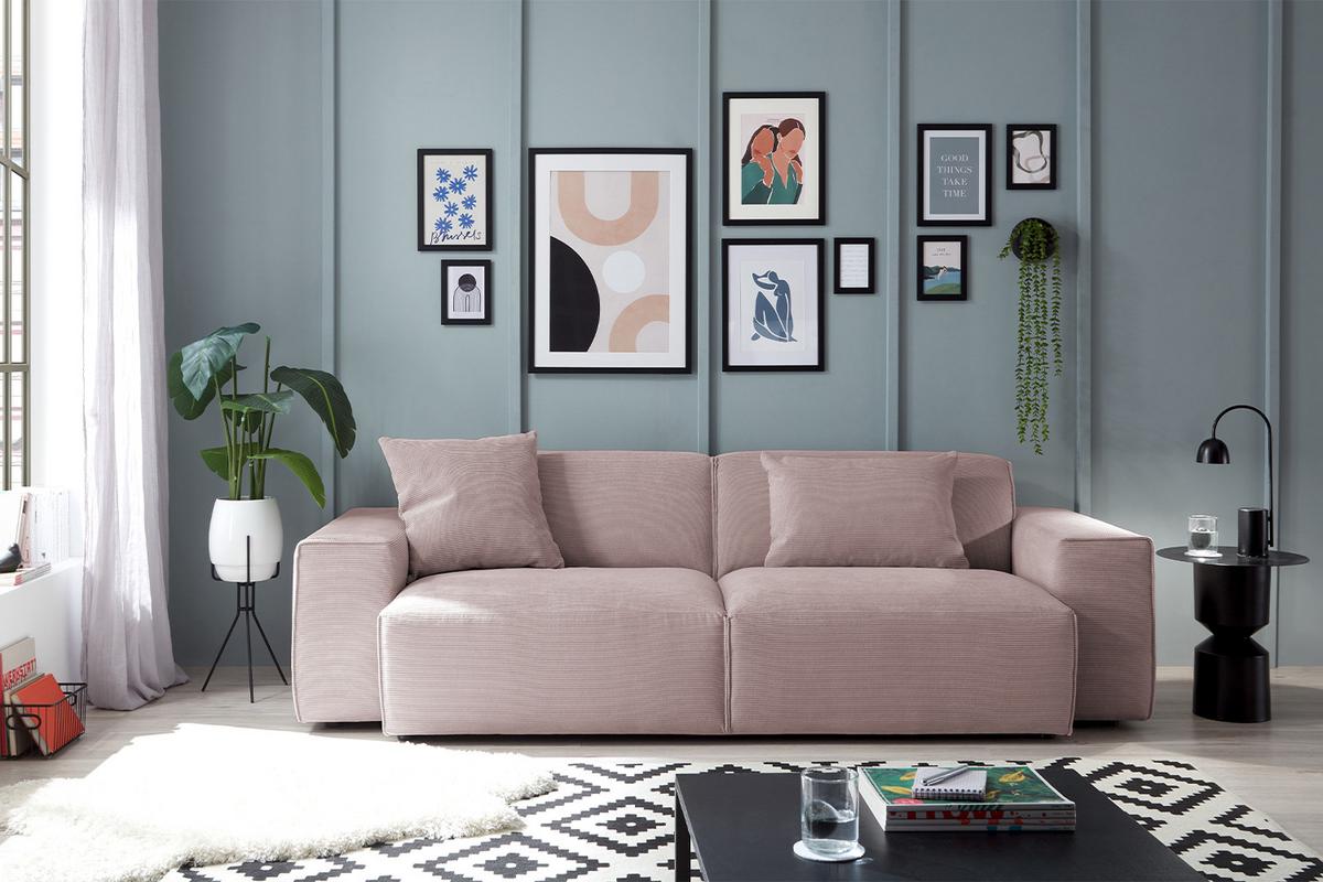 SOFA RANI Pink Cord - Schwarz/Rosa, Kunststoff/Textil (256/71/101cm) - KAWOLA