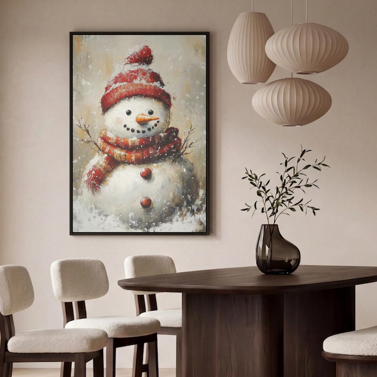 LEINWAND Bilder mit Rahmen - Schneemann - Winter - Schnee - Beige - 80x120 - Weiß, Textil (80/120cm) - MuchoWow