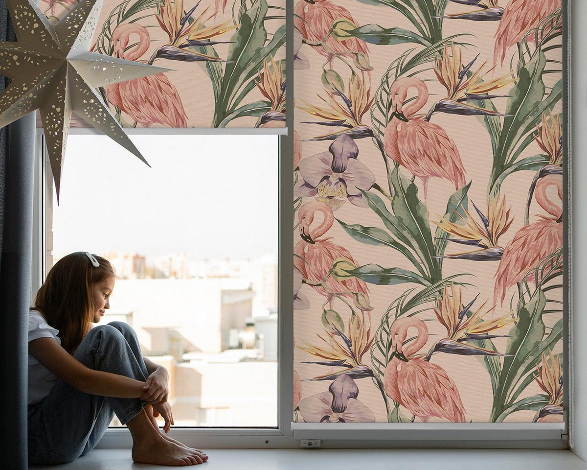 INNENROLLO - Fensterrollo - Rollo - 80x140 cm - Flamingos und Blumen - Pink, Kunststoff (80/140/0.5cm) - TULUP