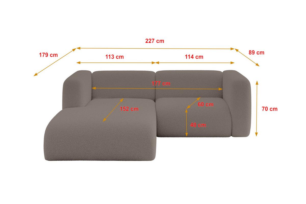 ECKSOFA Ottomane Links MIRA-L1 227x179x89 Braun Bouclé - Dunkelbraun/Schwarz, Holzwerkstoff/Kunststoff (227/179cm) - ALTDECOR