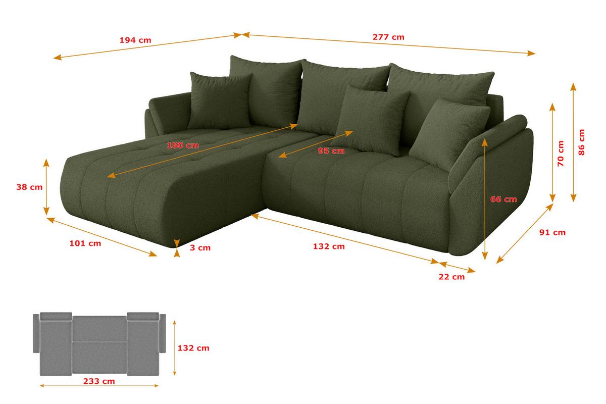 ECKSOFA mit Schlaffunktion Ottomane Links TOKO-L 277x194x86 Grün Bouclé - Schwarz/Olivgrün, Holzwerkstoff/Kunststoff (277/194cm) - ALTDECOR