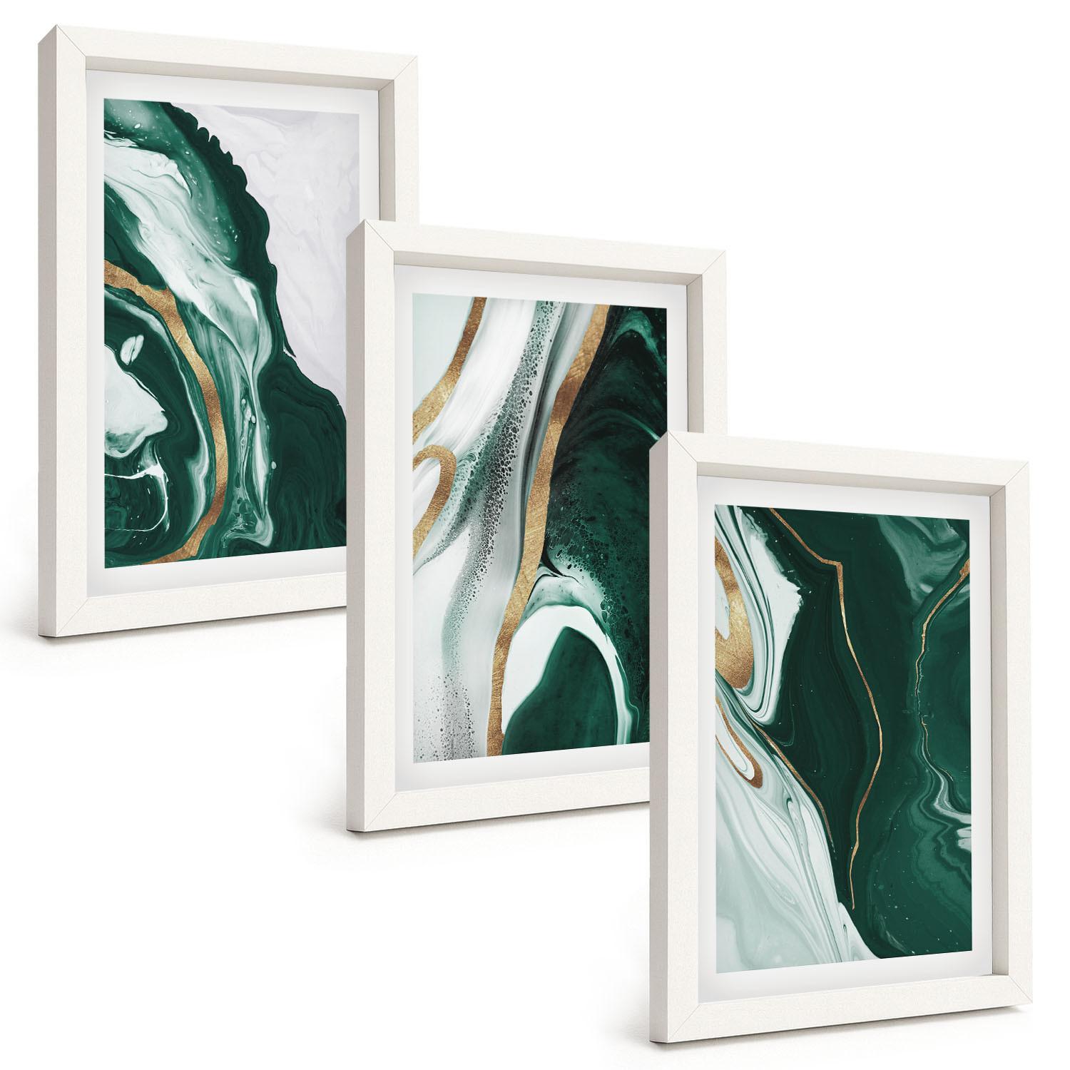 BILDER SET 3er Set - 20x30 cm Weißer Rahmen - Abstrakte grüne Farbmuster - Weiß, Kunststoff (20/30cm) - TULUP