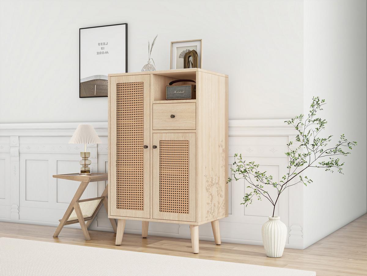HIGHBOARD Eiche mit Rattanfronten und Schubladen - Eichefarben, Holzwerkstoff (60/101/40cm) - Urban Meuble
