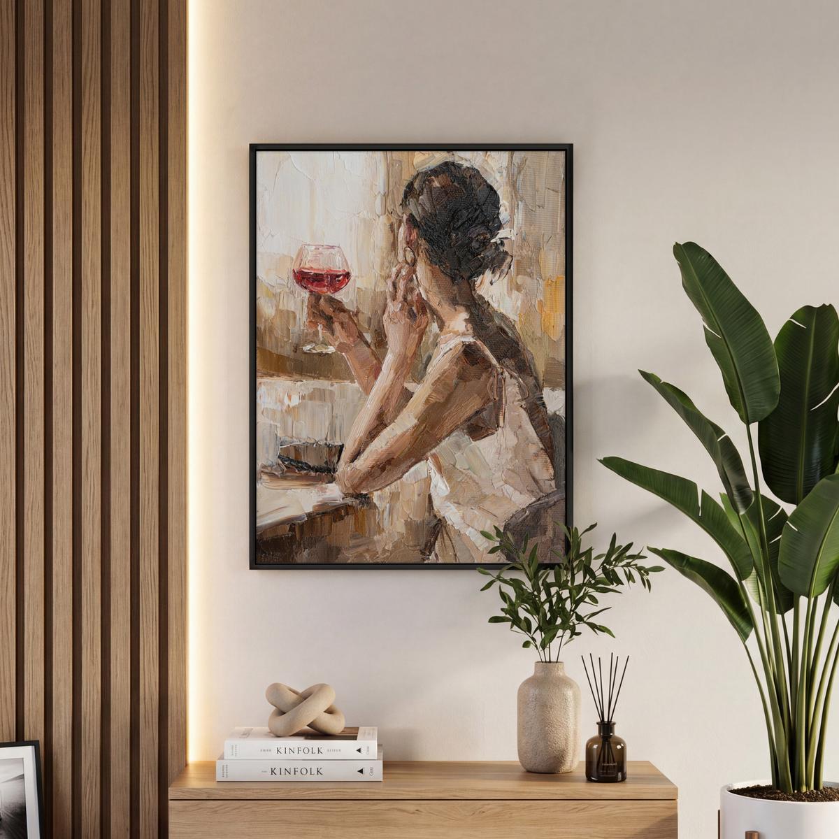 LEINWAND Bilder mit Rahmen - Ölgemälde - Frau - Wein - 60x80 - Hellbraun, Textil (60/80cm) - MuchoWow