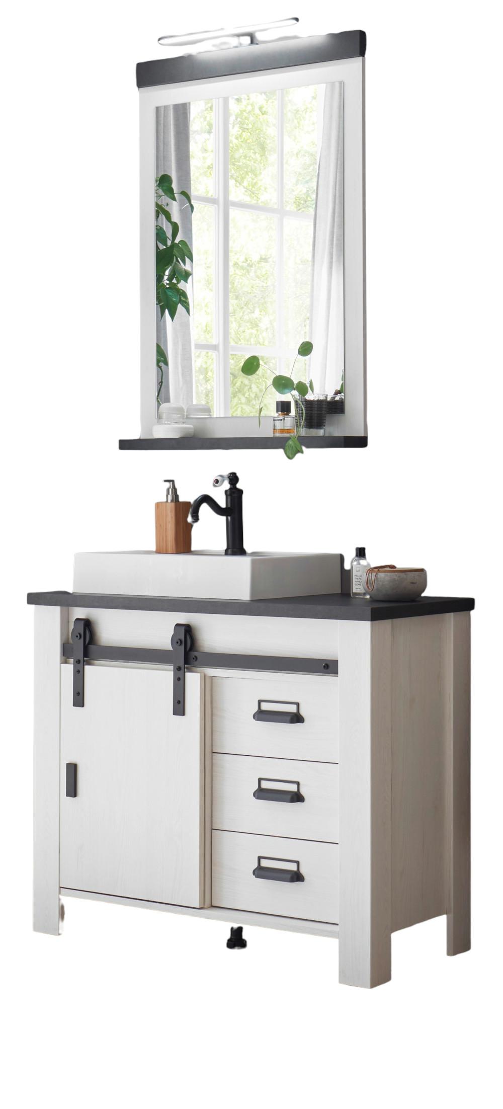 BADMÖBEL-SET 4-teilig weiß Pinie, anthrazit, Badkombination mit Waschbecken und LED - Anthrazit/Weiß, Holzwerkstoff/Metall (95/210/43cm) - Furn.Design