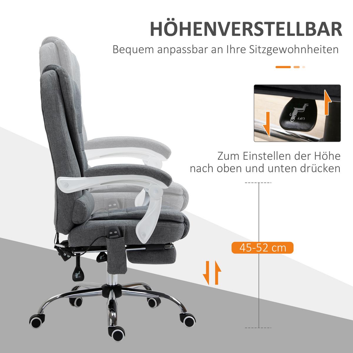 CHEFSESSEL mit Massagefunktion, Ergonomischer Schreibtischstuhl mit Liegefunktion - Silberfarben/Grau, Kunststoff/Textil (70/119/65cm) - Vinsetto