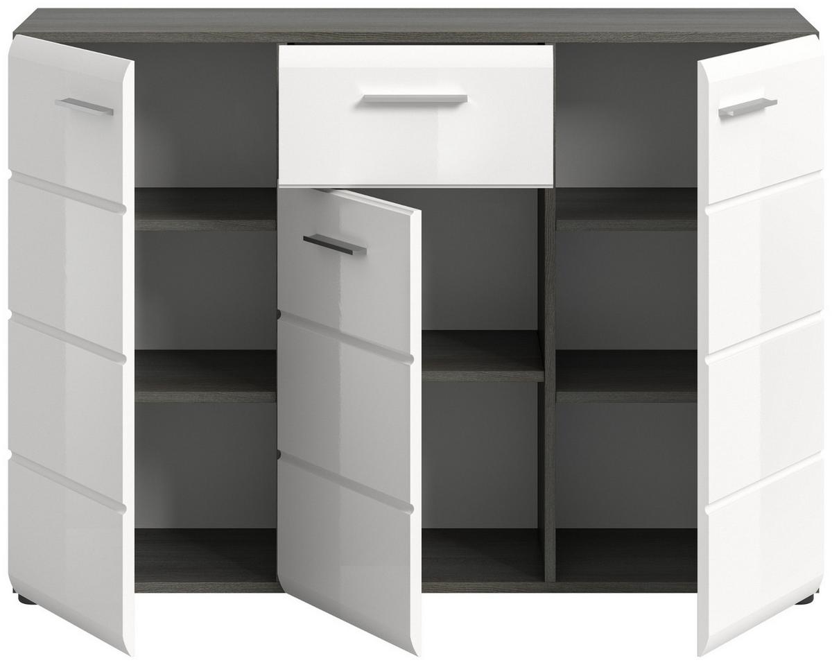 SIDEBOARD weiß Hochglanz, grau 120 cm, Kommode viel Stauraum - Weiß Hochglanz/Silberfarben, Holzwerkstoff/Kunststoff (120/85/37cm) - Inn.Furn
