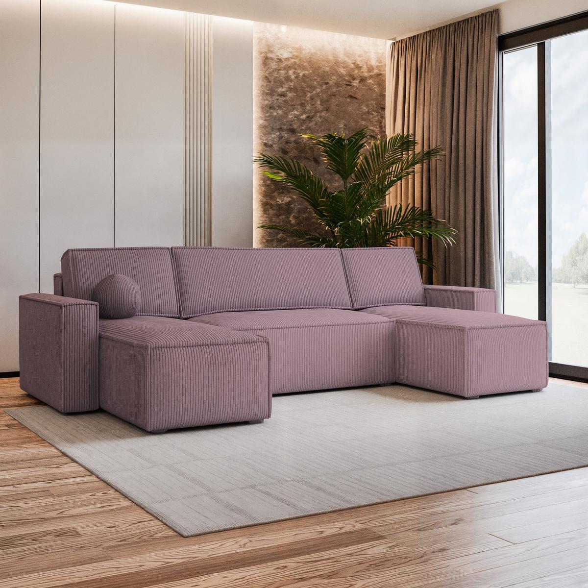 WOHNLANDSCHAFT PESANO P Lila Kordstoff mit Schlaffunktion - Lila/Grau, Holz/Kunststoff (306/85/140cm) - MASSENO
