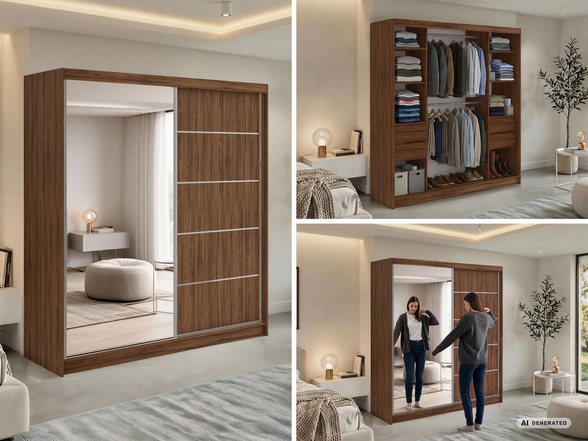 SCHWEBETÜRENSCHRANK mit Schubladen 200 - SKORIA - Warmia Walnuss mit Spiegel - Walnussfarben/Alufarben, Holzwerkstoff/Metall (200/216/61cm) - MKS