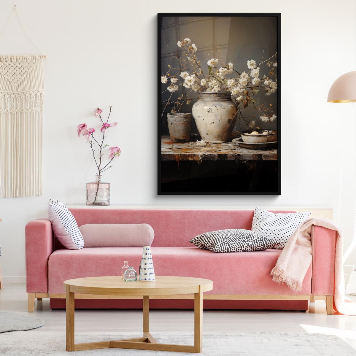 POSTER MIT RAHMEN Stilleben - Blumen - Blumenstrauß - Vase - Wein Bilderleiste 80x120 cm - Schwarz, Papier (80/120cm) - MuchoWow