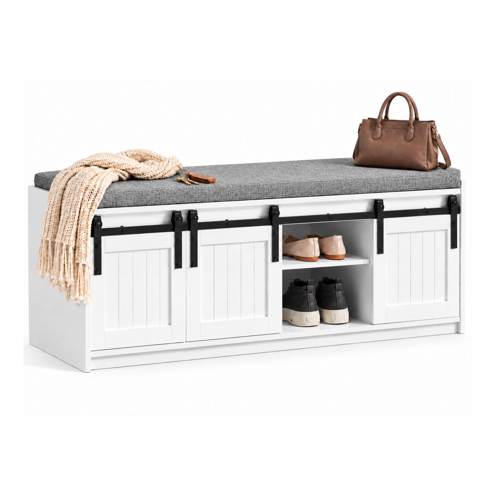 SCHUHBANK mit Sitzfläche 120x45x35cm Weiß, 3 Schiebetüren, Sitzfläche bis 200 kg, für Flur und Diele - Schwarz/Weiß, Holzwerkstoff/Metall (120/45/35cm) - SoBuy