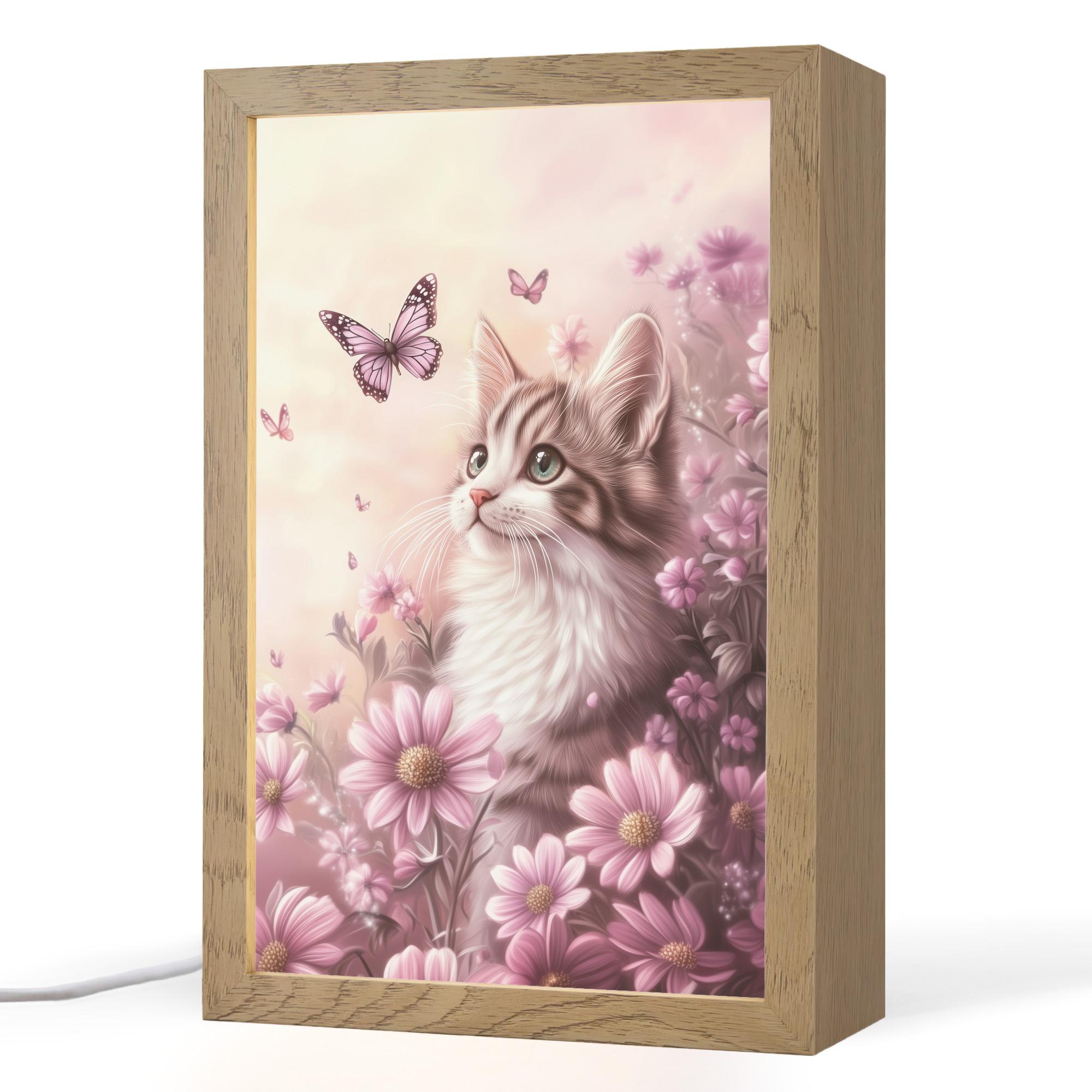 NACHTTISCHLAMPE Kätzchen - Blumen - Schmetterlinge - Lila 20x30 cm - Altrosa, Holzwerkstoff (8/20/30cm) - OnlyWow