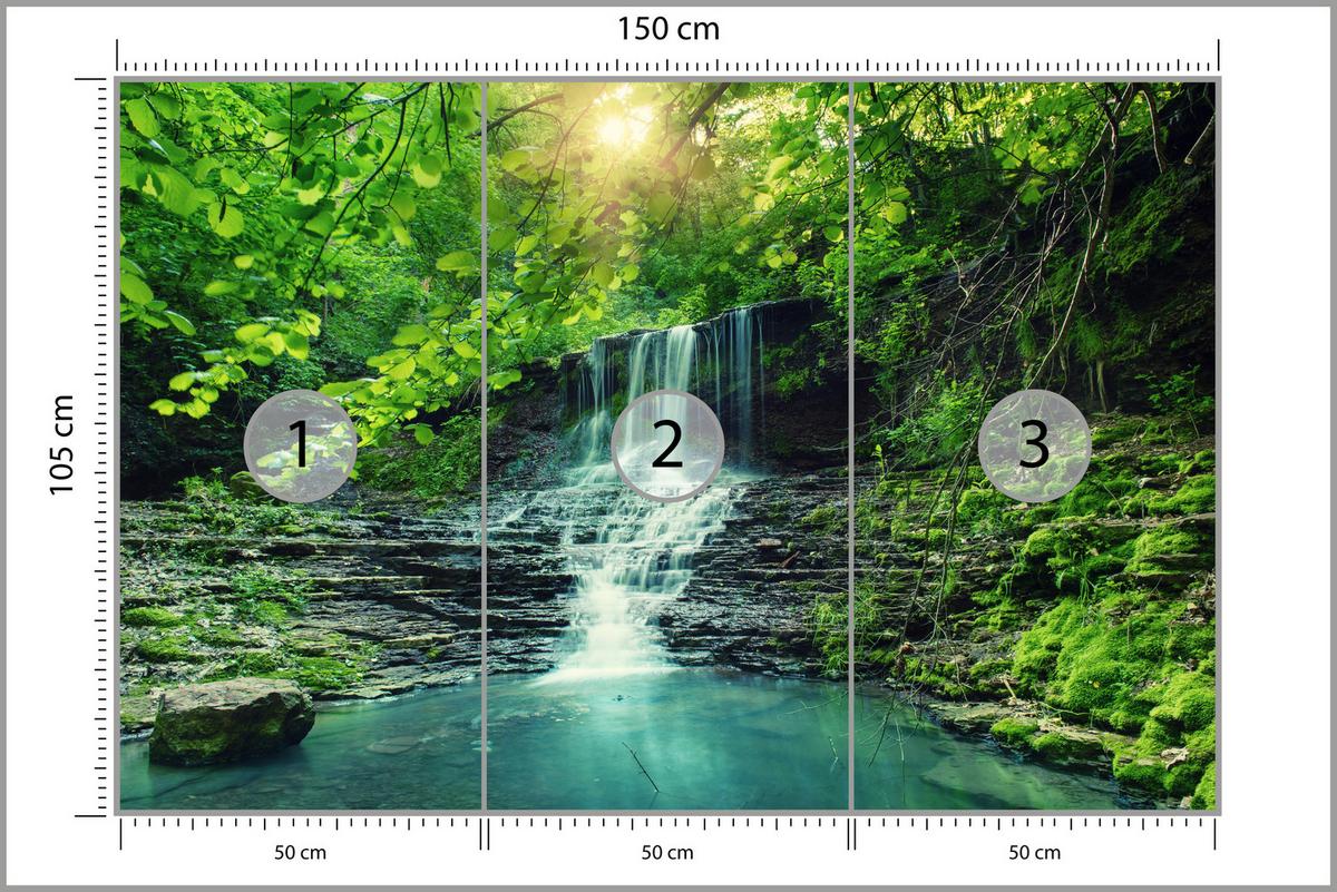 FOTOTAPETE für Schlafzimmer Türkisfarbener Wasserfall Wald Bäume Blätter Felsen 150x105 - Türkis/Blau, Papier (150/105cm) - Muralo