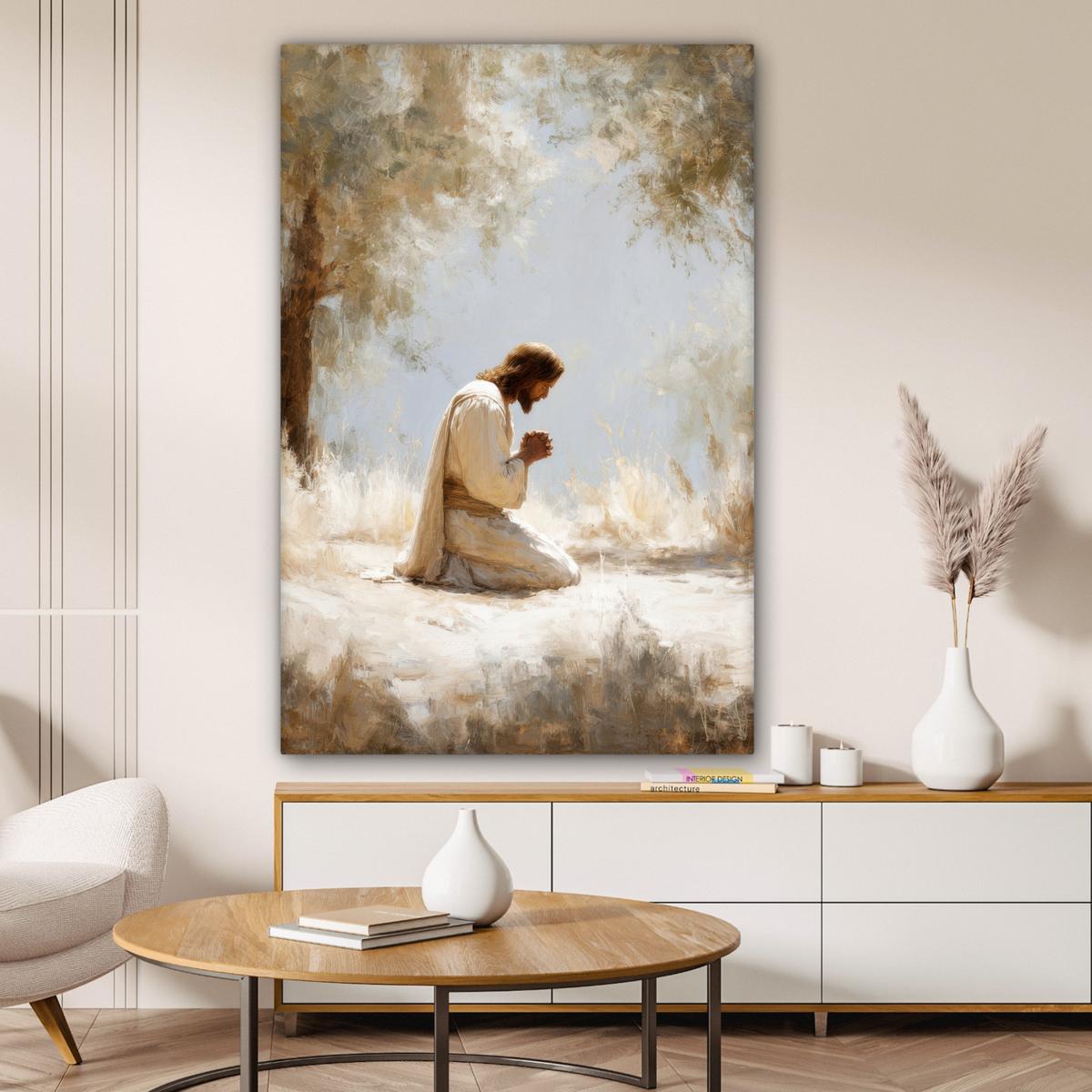 LEINWANDBILD Jesus - Kniend - Waldlandschaft - Betend Deko Groß 90x140 cm - Beige/Hellblau, Textil (90/140cm) - MuchoWow