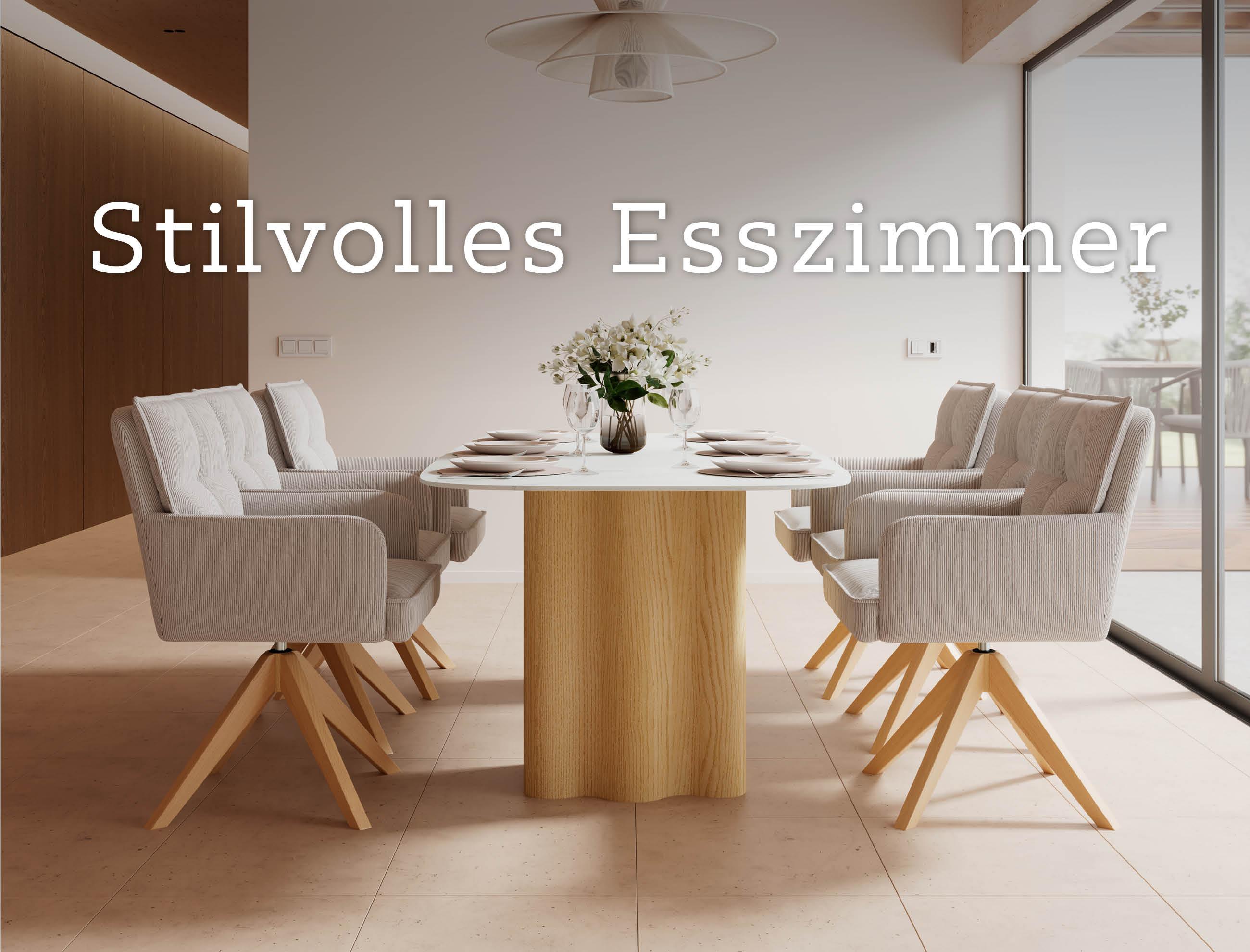 Esstisch mit weißer Tischplatte und grauen Stühlen, mobile