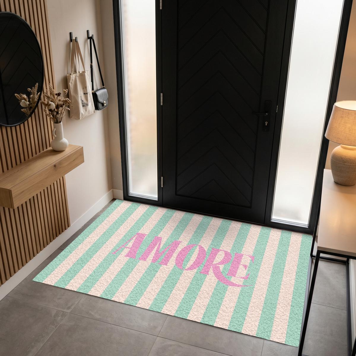 FUSSMATTE Rosa – Grün – Streifen – Amore 180x120 cm - Mintgrün, Kunststoff (180/0.4cm) - MuchoWow