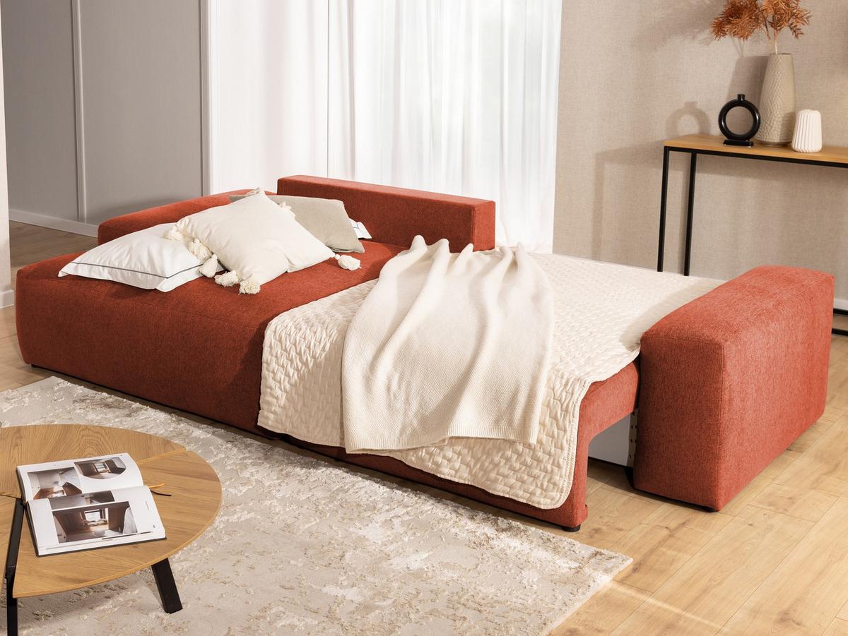 ECKSOFA inkl. Hocker Lennon aus Terrakotta Strukturstoff mit Schlaffunktion und Bettkasten - Terracotta/Schwarz, Holz/Kunststoff (137/264cm) - S-Style