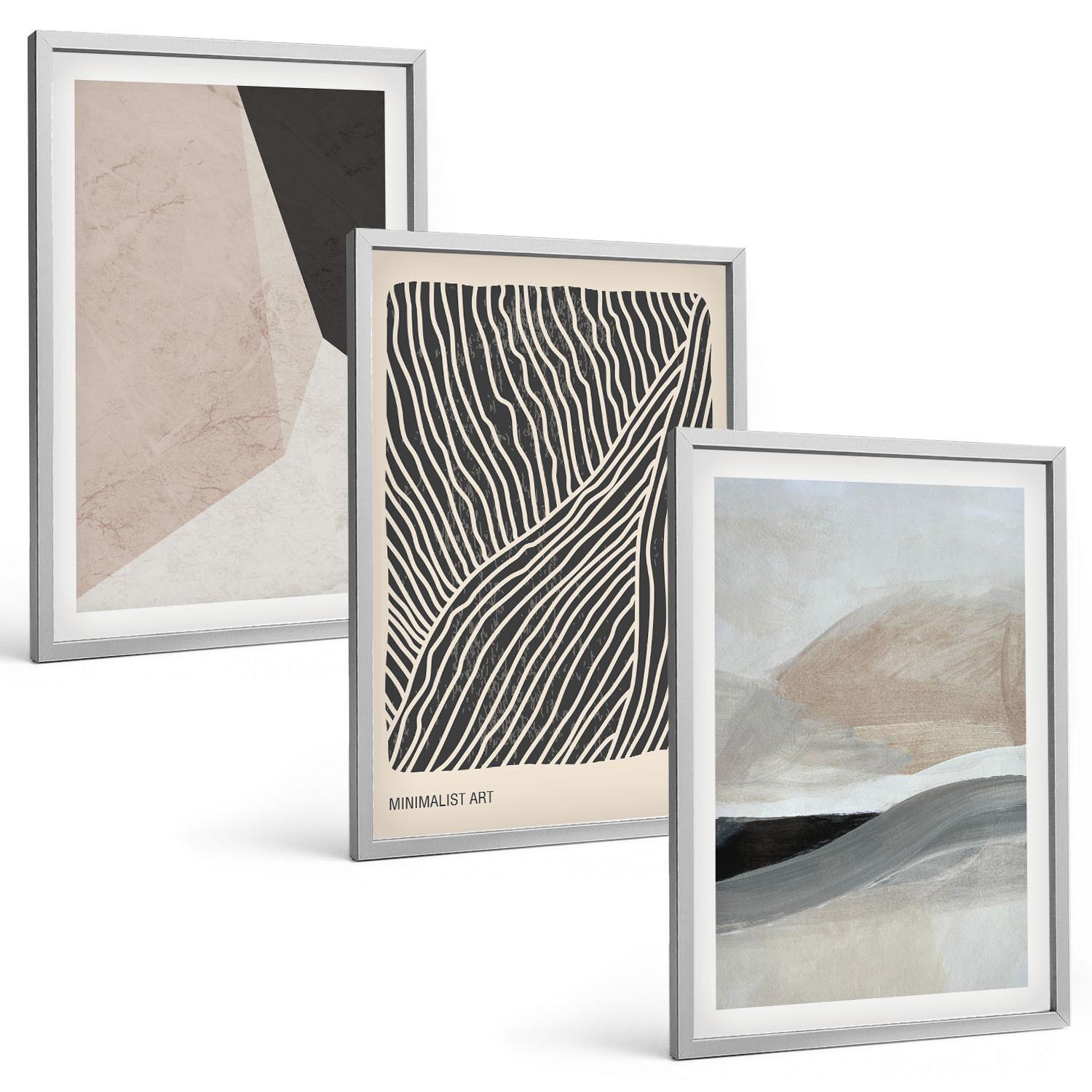 BILDER SET 3er Set - 40x60 cm Silberner Rahmen - Abstrakte Muster in Beige und Grau - Silberfarben, Kunststoff (40/60cm) - TULUP