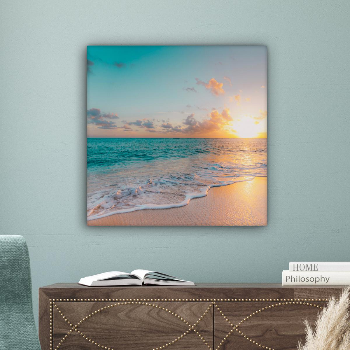 LEINWANDBILD Sonnenuntergang - Strand - Meer - Sommer - Blau Wandbild Wohnzimmer 50x50 cm - Multicolor, Textil (50/50cm) - MuchoWow