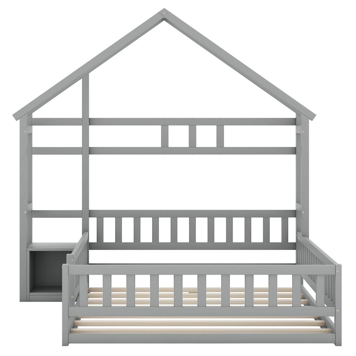 KINDERBETT 140x200 cm Hausbett Grau – Massivholz Bett mit Geländer & Nachttisch - Grau, Holz - Urban Meuble
